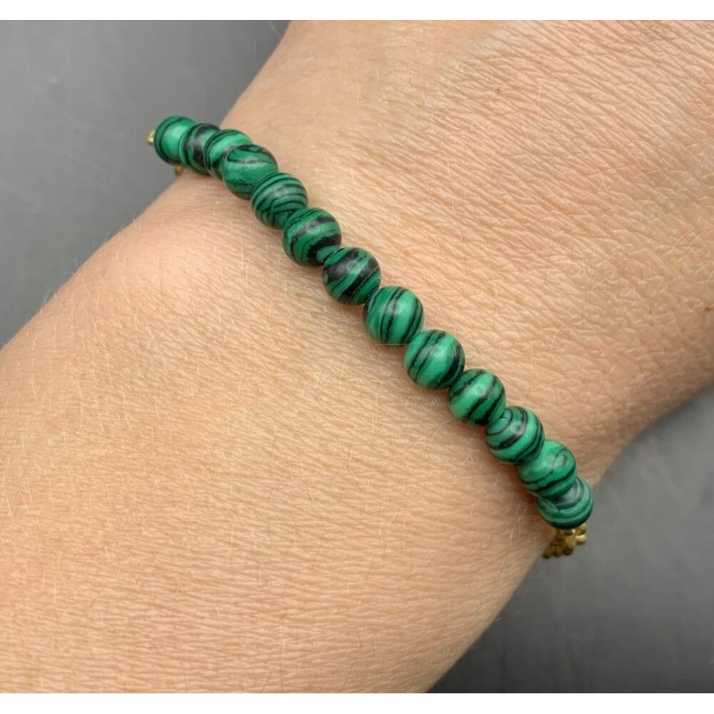 Madewell Malachite Bracelet Beaded Gemstone Green Gold Tone Boho Adjustable